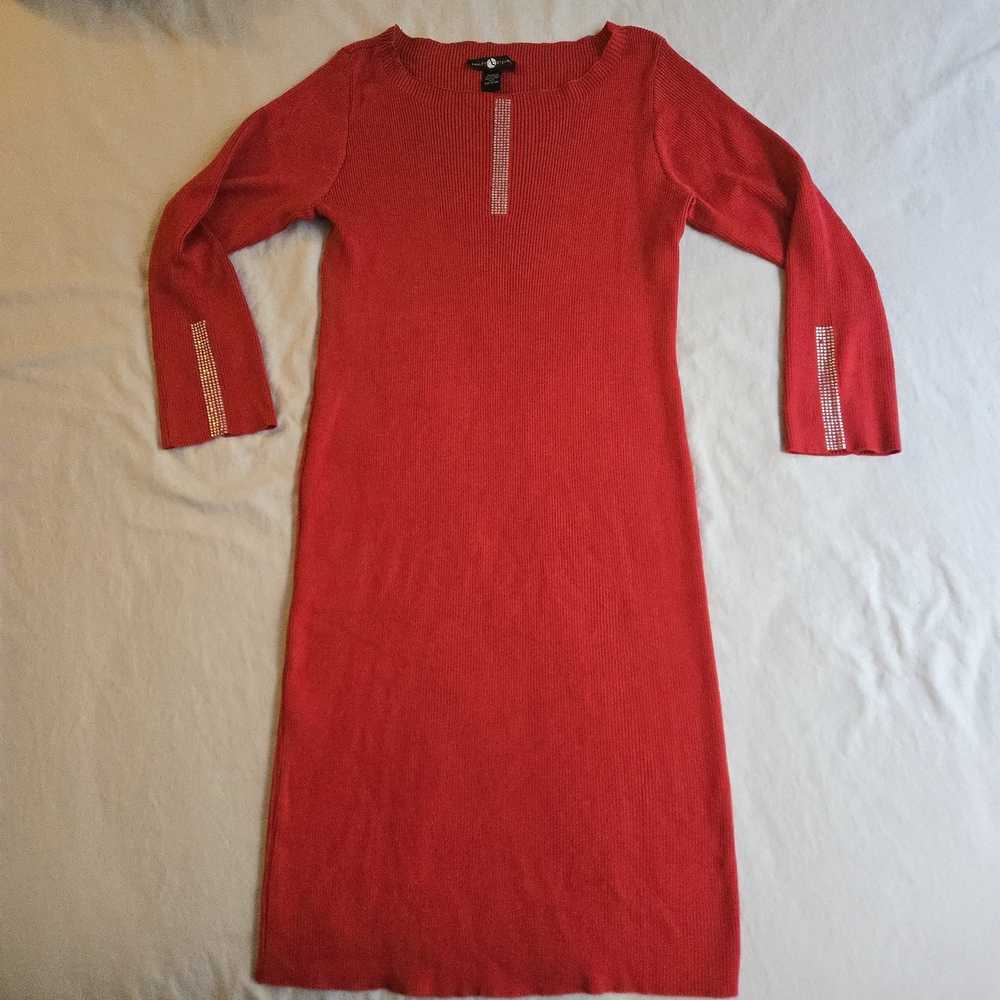 Ashley Stewart 26 28 Red Ribbed Sweater Midi Dress Rhinestone Party